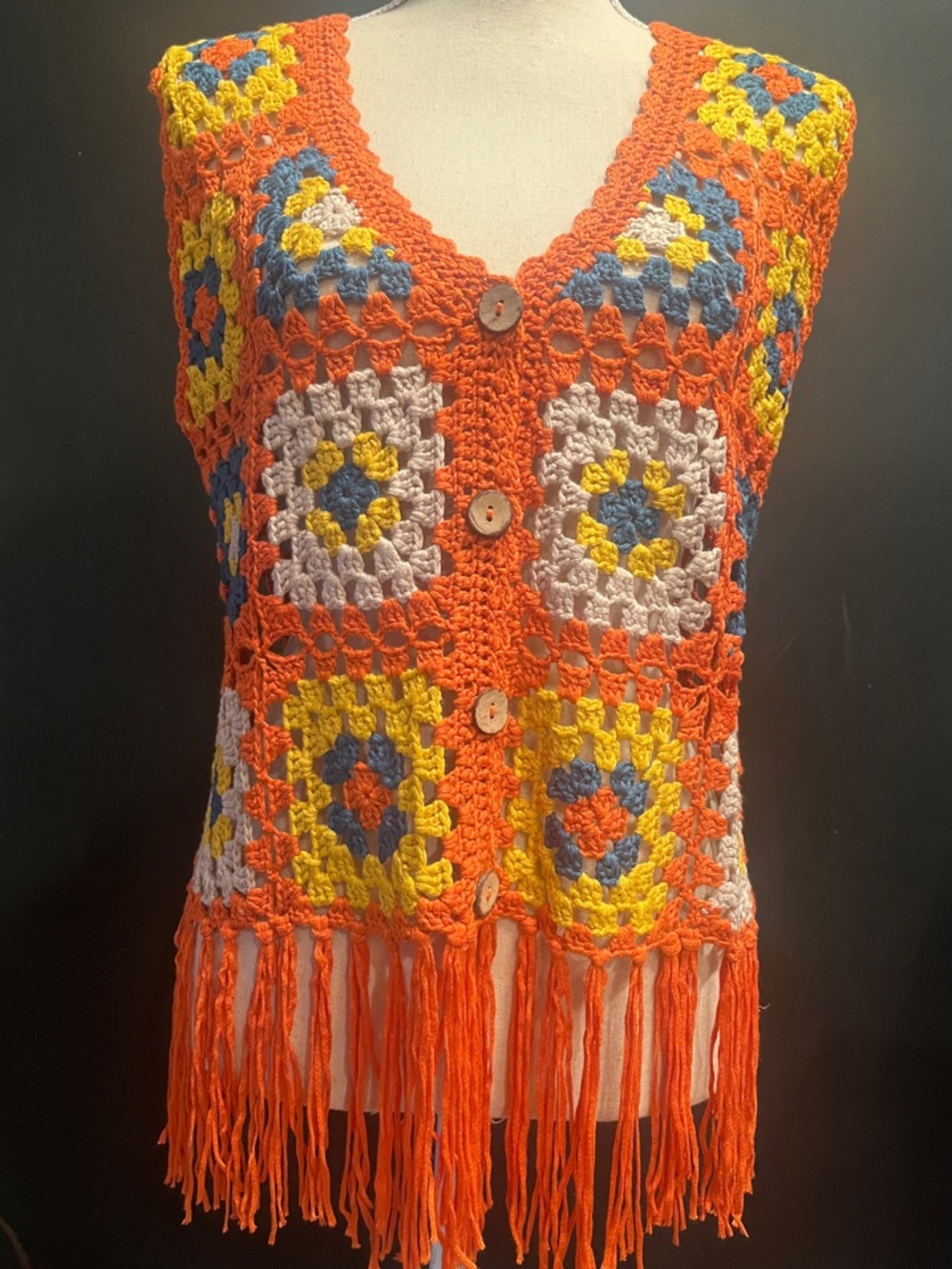 Umgee Orange Crochet Fringe Vest with Yellow, Blue & White Squares
